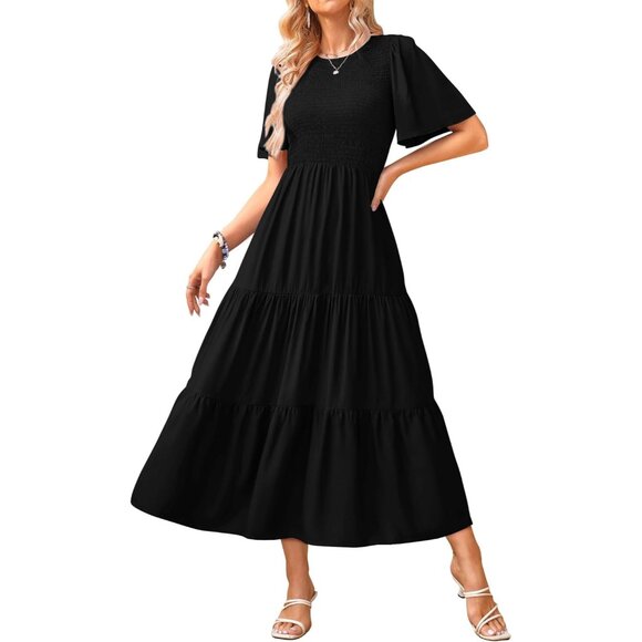 Women's Flowy Midi Dress Viscose Short Sleeve Smocked Tiered Casual Wear - Picture 1 of 5